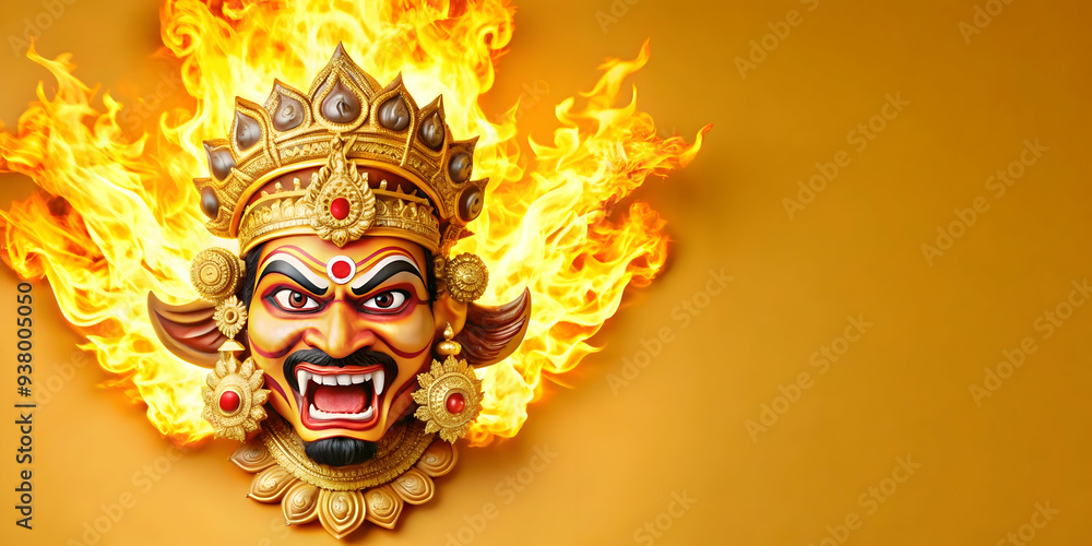 Poster ravana mask and flames concept as abstract vector of ravanas mask with flames surrounding it isolate