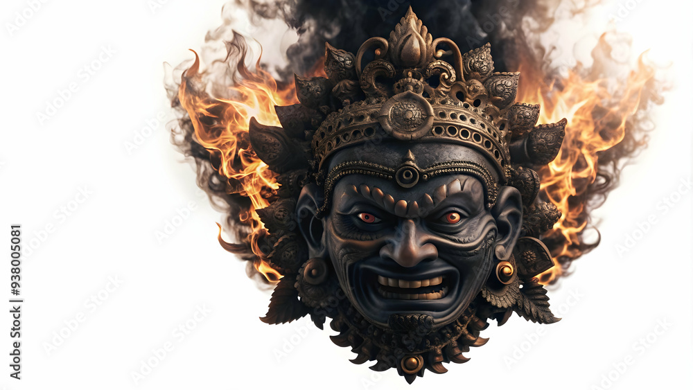 Poster ravana mask and flames concept as abstract vector of ravanas mask with flames surrounding it isolate