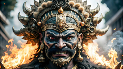 Ravana Mask and Flames concept as Abstract vector of Ravanas mask with flames surrounding it isolated on a white background symbolizing the fiery nature of the villain in the Dussehra festival with vi