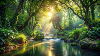 Obraz premium Serene illustration of a tranquil creek surrounded by lush greenery, vines, and trees, with gentle water flow and subtle sunlight filtering through the foliage.