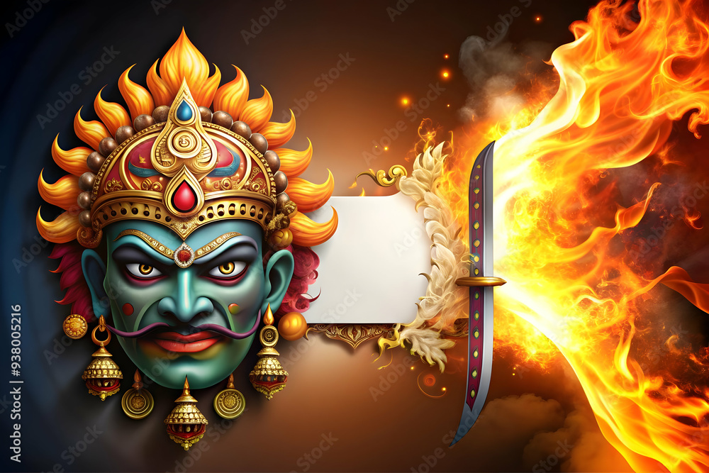 Poster ravana mask and flaming sword frame concept as horizontal frame with a ravana mask on one side and a