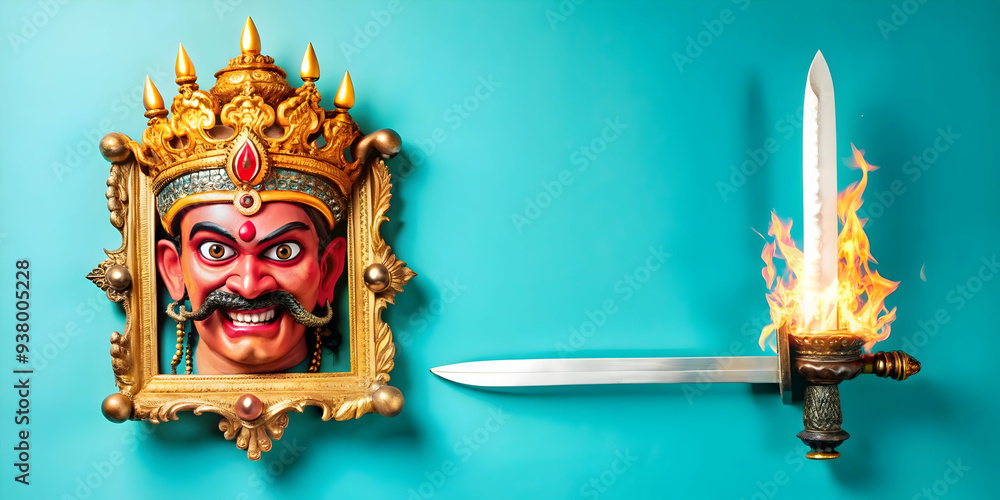 Poster ravana mask and flaming sword frame concept as horizontal frame with a ravana mask on one side and a