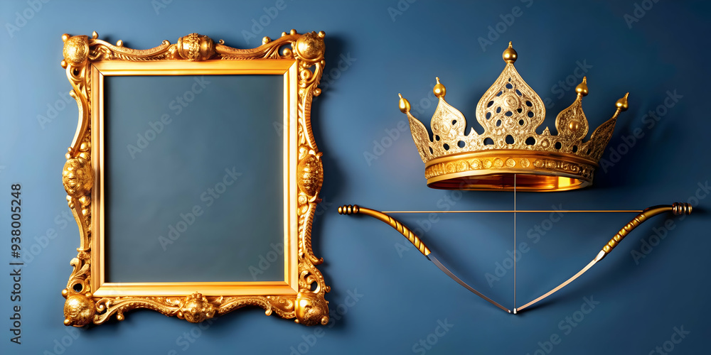 Poster ravanas crown and bow frame concept as vertical frame with ravanas crown on the top left and a bow o