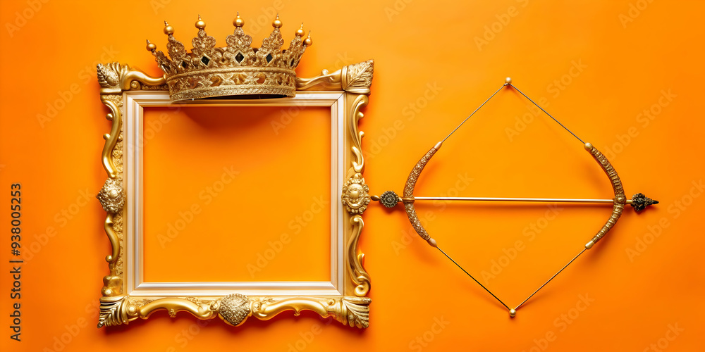 Poster ravanas crown and bow frame concept as vertical frame with ravanas crown on the top left and a bow o