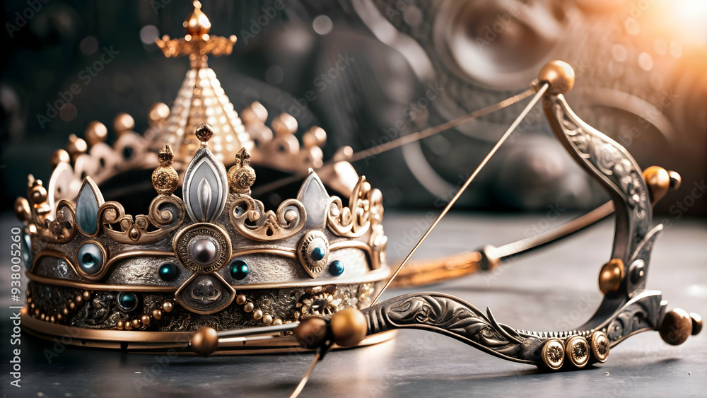 Poster ravanas crown and bow frame concept as vertical frame with ravanas crown on the top left and a bow o