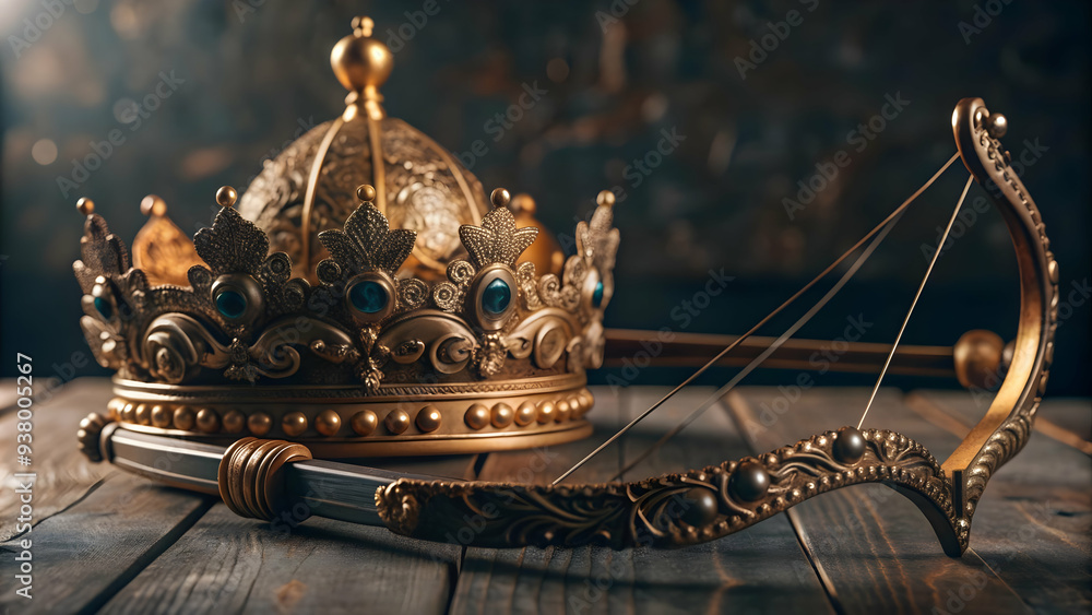 Poster ravanas crown and bow frame concept as vertical frame with ravanas crown on the top left and a bow o