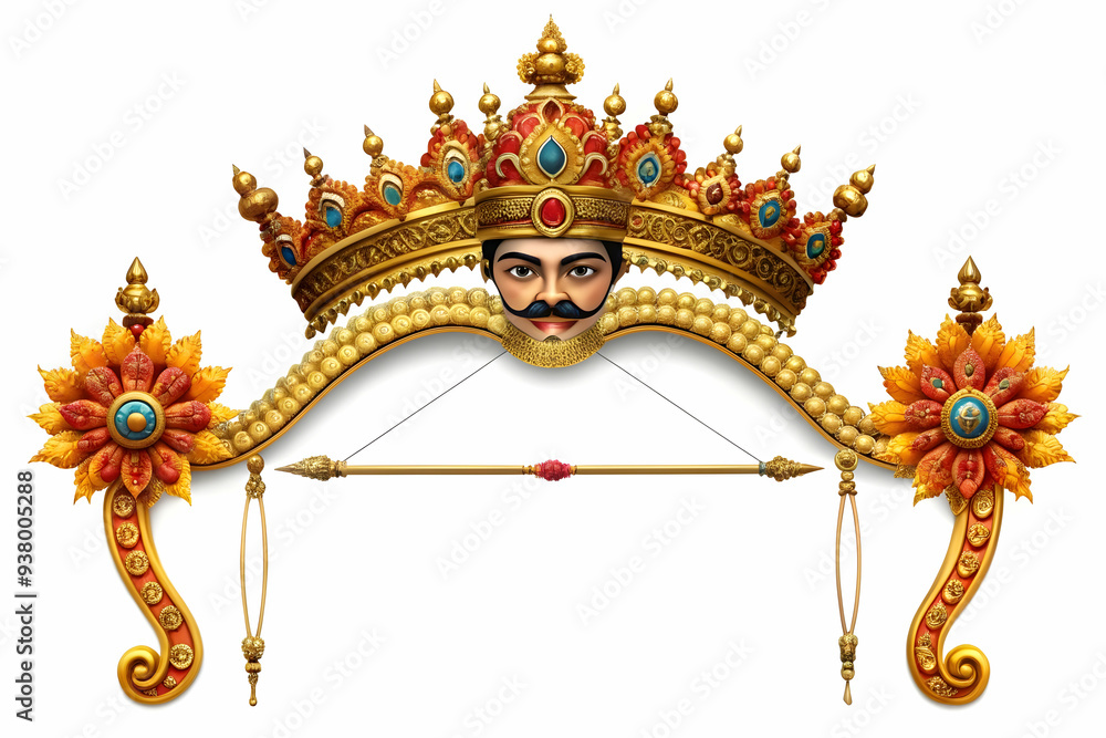 Poster ravanas crown and bow frame concept as vertical frame with ravanas crown on the top left and a bow o
