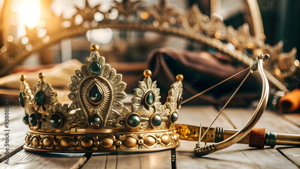 Poster ravanas crown and bow frame concept as vertical frame with ravanas crown on the top left and a bow o