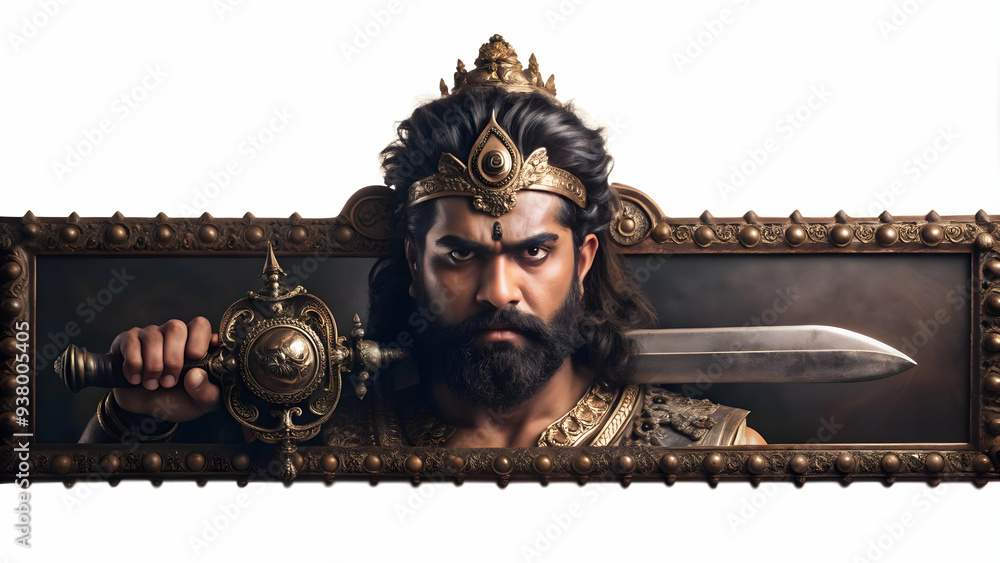 Poster ravanas sword and shield frame concept as horizontal frame with ravanas sword on one side and a shie