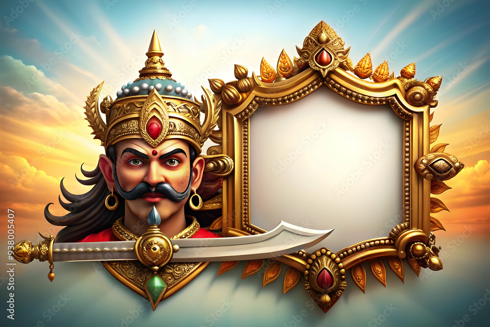 Aufkleber ravanas sword and shield frame concept as horizontal frame with ravanas sword on one side and a shie