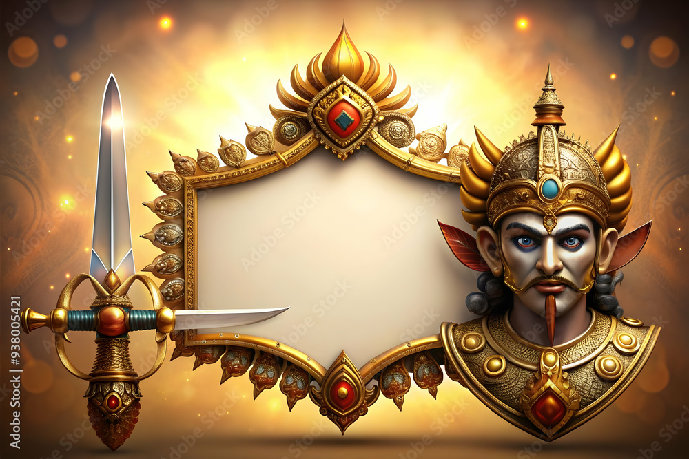 Poster ravanas sword and shield frame concept as horizontal frame with ravanas sword on one side and a shie