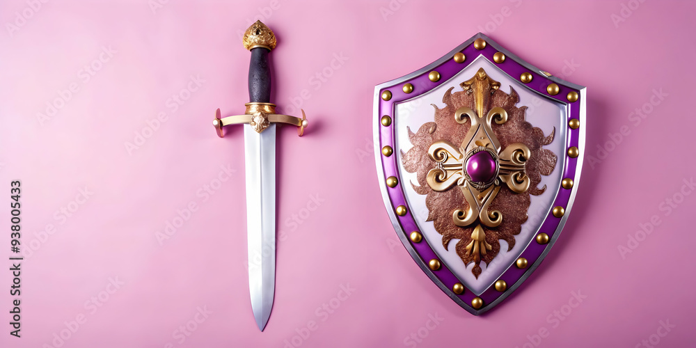 Poster ravanas sword and shield frame concept as horizontal frame with ravanas sword on one side and a shie