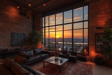 Fototapeta premium A luxurious living room with minimalist decor, featuring sleek glass structures outside a large window, with the light playing off wooden surfaces and detailed renderings of contemporary furniture,