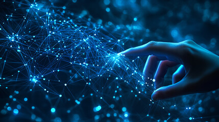 Close-up image of a person's hand interacting with a futuristic screen.