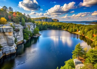 Serene lake vista in Minnewaska State Park, surrounded by lush forest trees, towering cliff, and rustic rock formations, showcasing nature's beauty in Hudson Valley's Shawangunk Mountains.