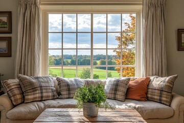 A warm, inviting living room with brown leather furniture and wooden accents, large windows revealing a sunset behind sleek glass buildings, the soft lighting creating a serene atmosphere with ample