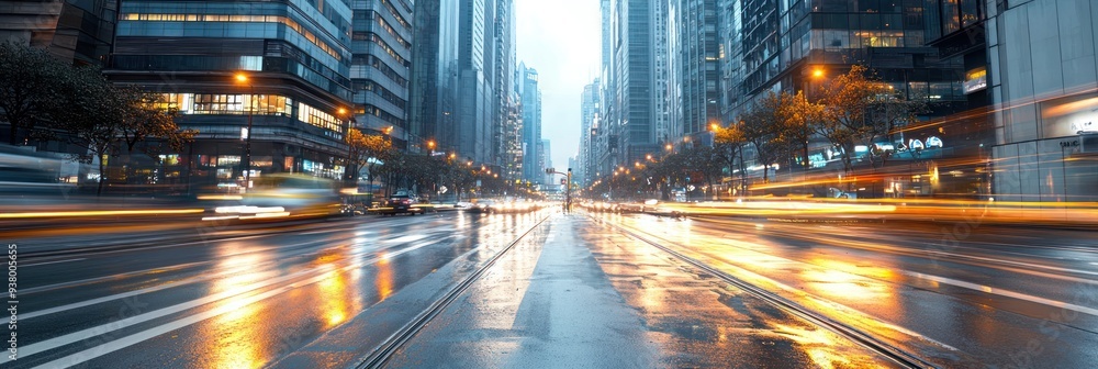 Poster wet city street at night with light trails and skyscrapers