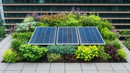 Rooftop Green Space with Solar Panels and Greenery