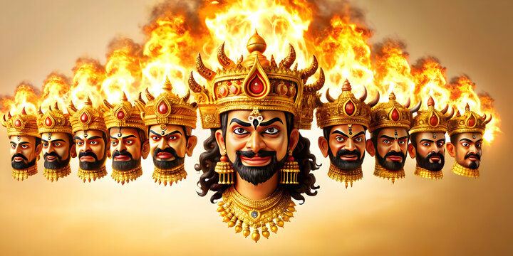 Ravanas Ten Heads on Fire concept as Dynamic shot of Ravanas ten heads effigy burning with flames engulfing the heads and a glossy finish on the effigy highlighting the dramatic scene perfect for a Du