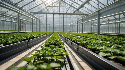 Modern Greenhouse Interior with Rows of Growing Plants in a Controlled Environment