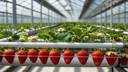 Modern Greenhouse Interior with Rows of Growing Plants in a Controlled Environment