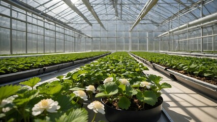 Modern Greenhouse Interior with Rows of Growing Plants in a Controlled Environment