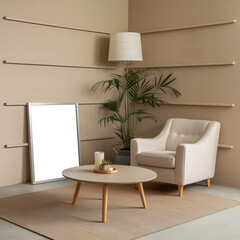 A photo of a beige room with a coffee table, a blank picture frame, and an armchair in the corner.