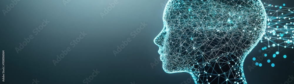 Poster a futuristic representation of an abstract human head, showcasing a network of glowing connections a