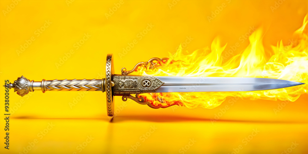 Poster Sacred Fire and Sword concept as Abstract vector of a sword with a sacred fire burning around it isolated on a white background symbolizing purity and power in the Dussehra festival with a dynamic and