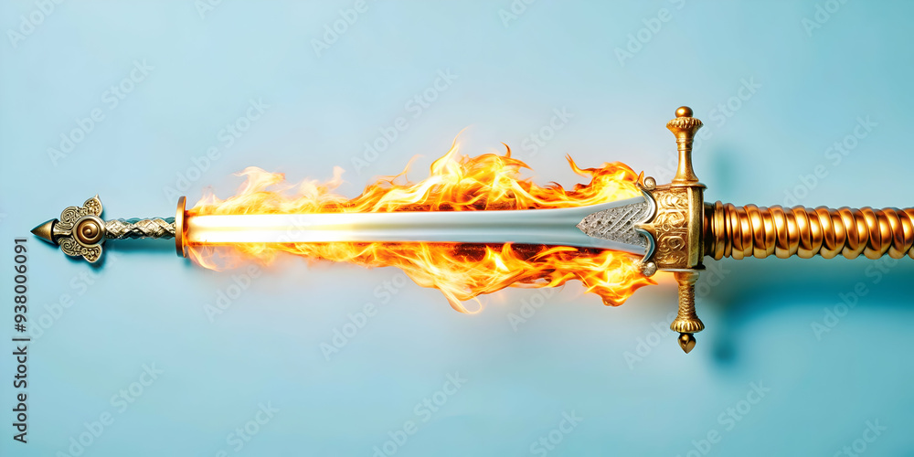 Poster sacred fire and sword concept as abstract vector of a sword with a sacred fire burning around it iso