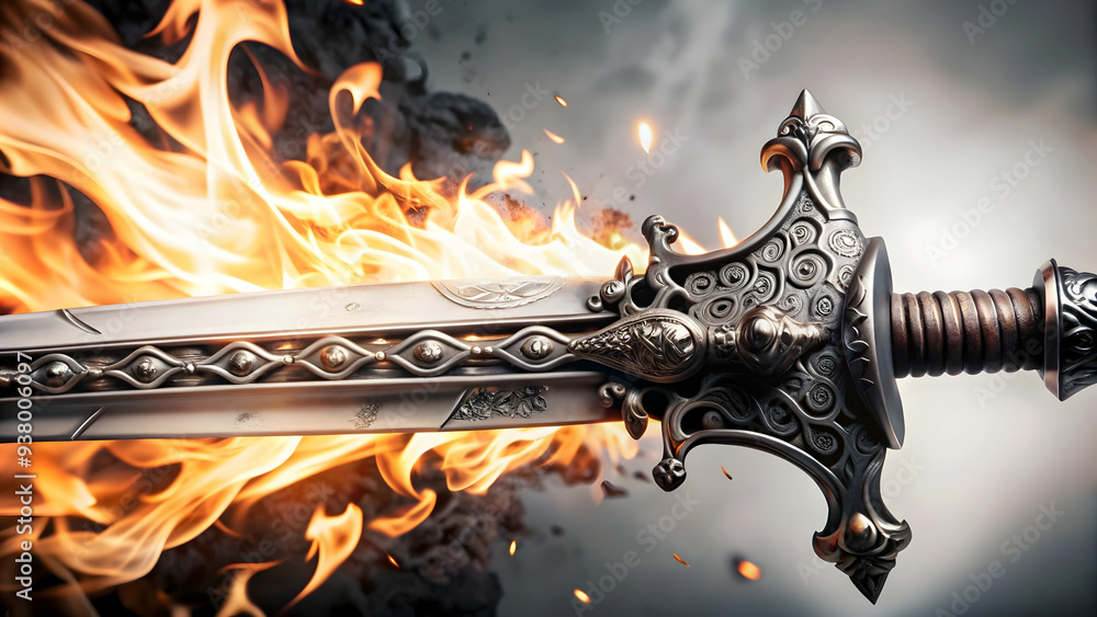 Poster sacred fire and sword concept as abstract vector of a sword with a sacred fire burning around it iso
