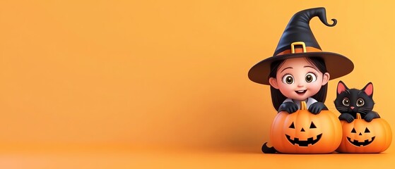 A cheerful child wearing a witch hat, surrounded by pumpkins and a black cat, perfect for Halloween themed celebrations.