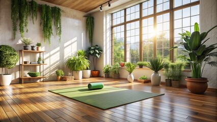 Fototapeta premium Serenely lit studio space with a natural wood floor, decorated with potted plants, featuring a green yoga mat and a few calmly placed props.