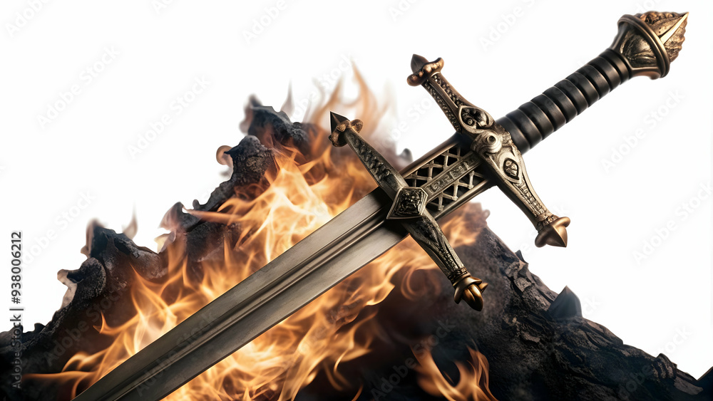 Poster sacred fire and sword concept as abstract vector of a sword with a sacred fire burning around it iso