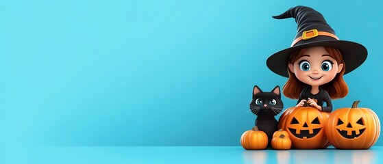 A cheerful witch character with a black cat and decorated pumpkins on a vibrant blue background, perfect for Halloween themes.