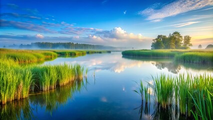 Obraz premium Serenely scenic morning view of a misty marsh landscape with vibrant green grasses, tall reeds, and tranquil water reflections under a soft blue sky.