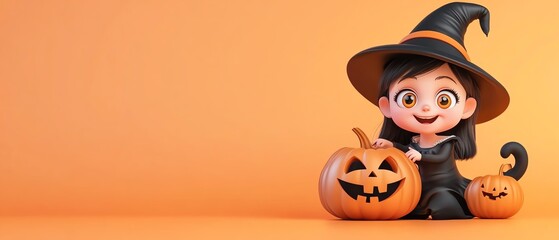 Fototapeta premium A cheerful witch with a hat and carved pumpkins ready for Halloween festivities against a vibrant orange background.