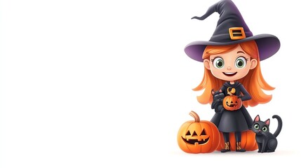 A cheerful young witch with red hair, holding a pumpkin, surrounded by Halloween decorations, perfect for festive designs.