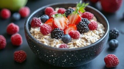 A close-up of a nutritious oatmeal bowl topped with fresh strawberries, raspberries, blackberries, and blueberries, ideal for a healthy breakfast.
