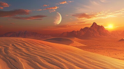 Fototapeta premium Desert Sunset with Crescent Moon and Mountains.