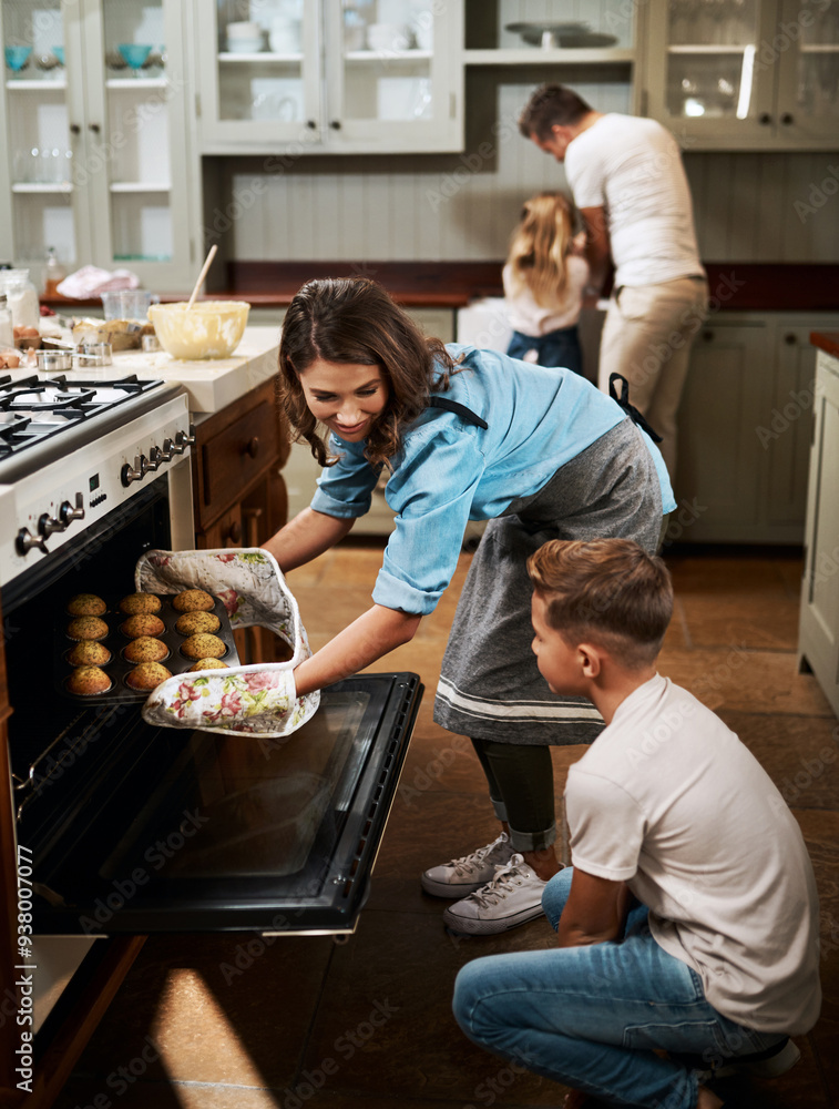 Sticker Kitchen oven, family and mother with kids, learning and help in home with baking muffins and food. Support, parents and cooking with care, love and happy for youth development and bonding with smile