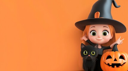 A cheerful girl in a witch hat, accompanied by a black cat and a pumpkin, perfect for Halloween-themed visuals.