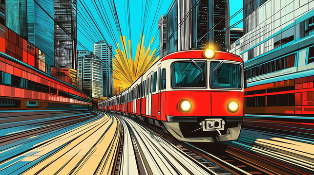 Pop art concept train that provides transportation within the city. City background in pop art retro comic style.