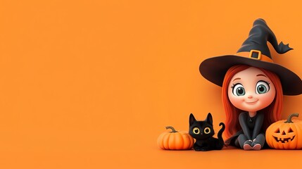 A cheerful witch with a black cat and pumpkins against an orange background, perfect for Halloween themed designs.