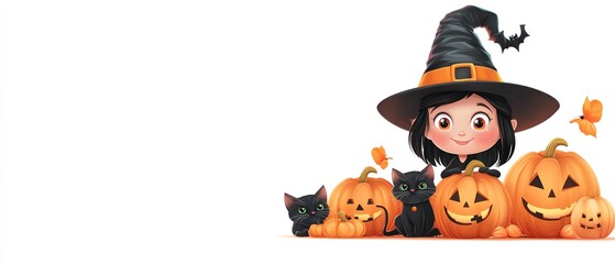 A cheerful witch character with pumpkins and black cats, perfect for Halloween-themed illustrations and festive decorations.