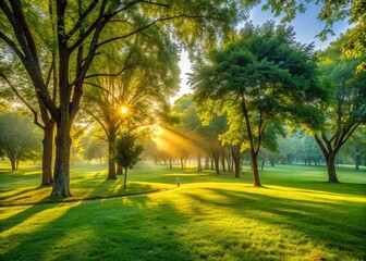 Obraz premium Serene morning scene of a lush green park with dew-kissed grass, vibrant trees, and a tranquil atmosphere, illuminated by soft golden morning light.