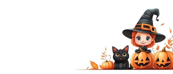 Cute witch character with black cat and pumpkins, perfect for Halloween themed designs and festive decorations.