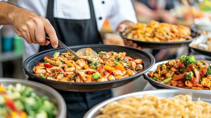 A chef serving a colorful plate of stir-fried vegetables and chicken at a vibrant outdoor buffet.