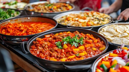 A colorful display of diverse dishes in a market setting, featuring vibrant ingredients and tempting flavors.