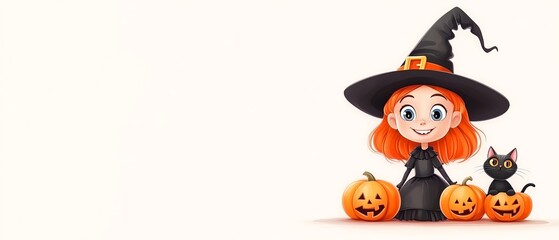 A cheerful witch in a black hat with pumpkins and a black cat, perfect for Halloween-themed designs and festive illustrations.